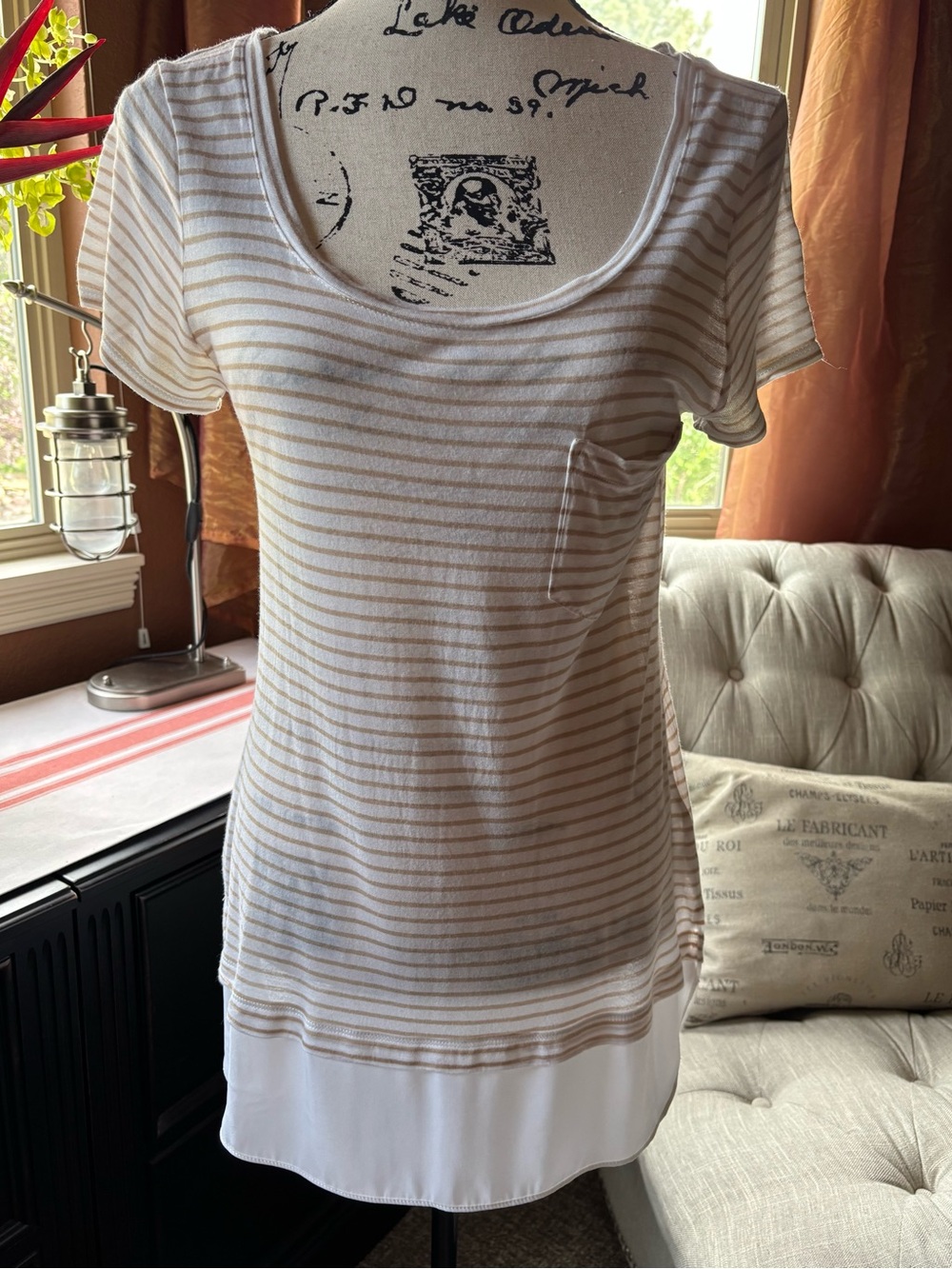 White House Black Market Beige and White Striped Scoop Neck Short Sleeve Top
